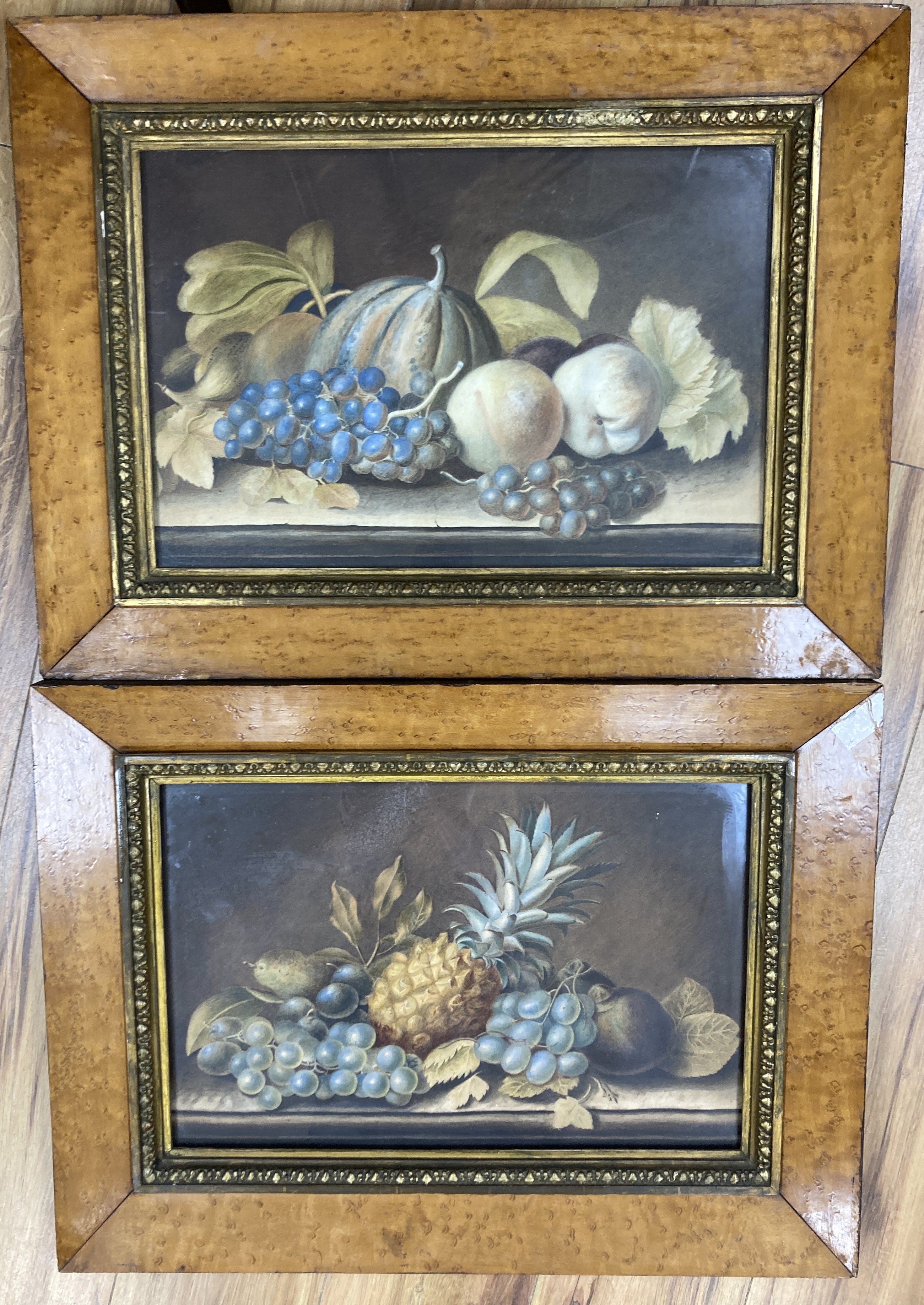 Victorian School, pair of watercolours, Still lifes of fruit upon ledges, 28 x 42cm, maple framed